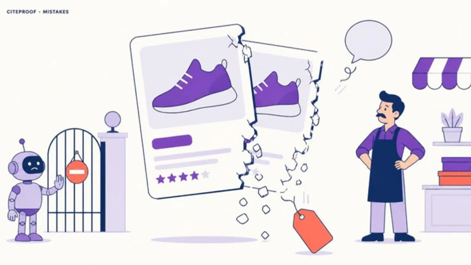 A product card crumbling: blocked crawler, missing price, duplicate copies, empty FAQ