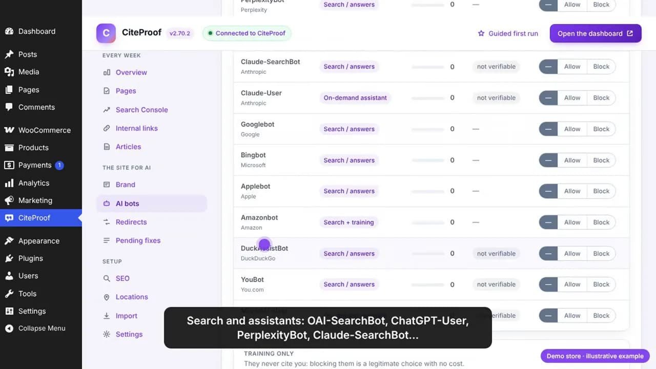 The plugin bot table, group that brings citations: Claude-SearchBot, Claude-User, Googlebot, Bingbot, Applebot, Amazonbot, DuckAssistBot, YouBot