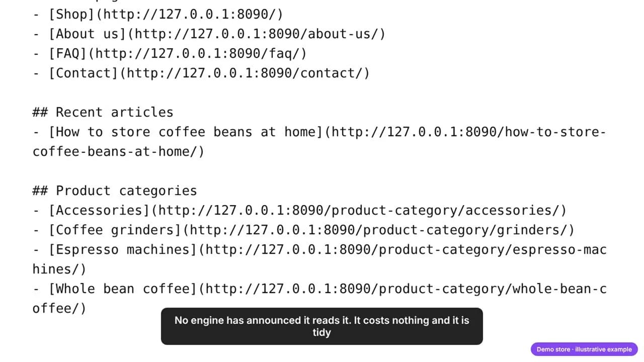 The llms.txt generated by the plugin on the demo store: main pages, recent articles and product categories