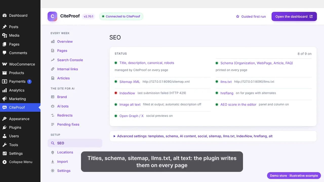 The plugin SEO screen: titles, schema, sitemap, llms.txt, IndexNow, hreflang, image alt text and Open Graph, each on or off