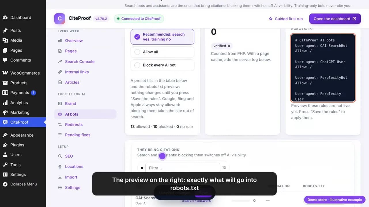 The Recommended preset selected: 13 allowed, 10 blocked, 0 with no rule, and the robots.txt preview with explicit Allow for OAI-SearchBot and ChatGPT-User