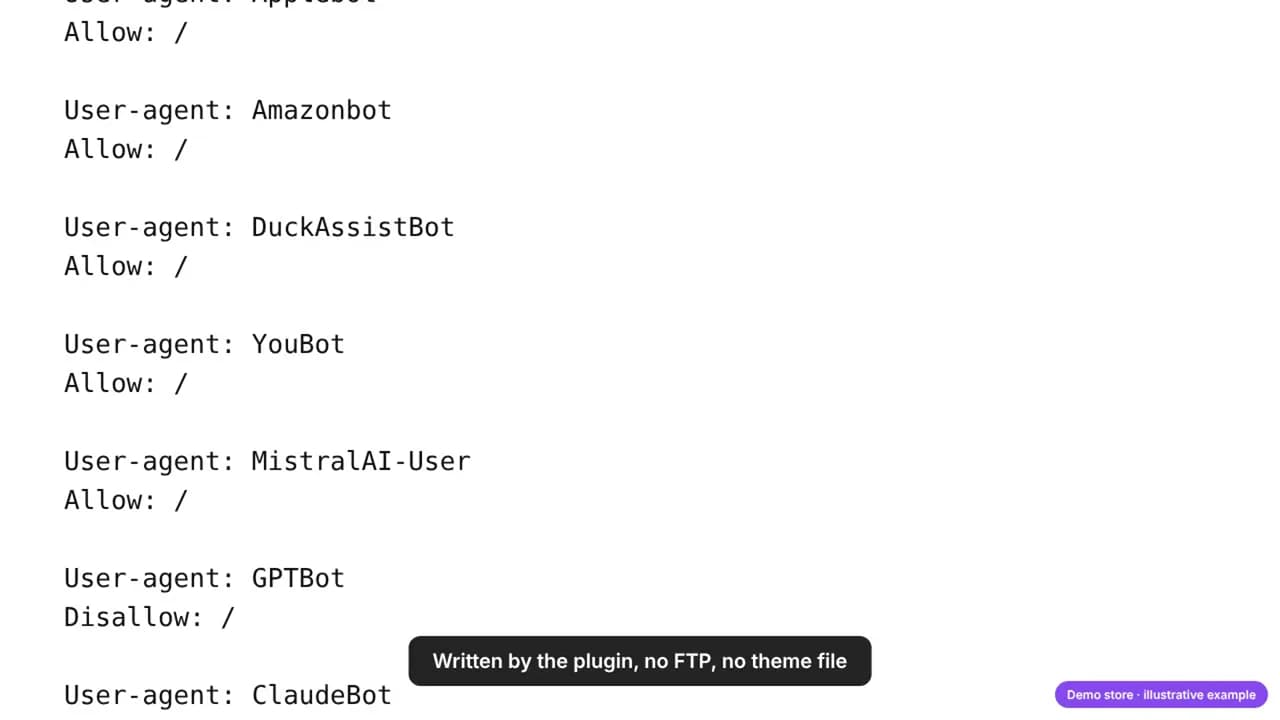 The robots.txt after saving: one block per bot, Allow for search and assistant bots, Disallow for GPTBot and the other training-only bots