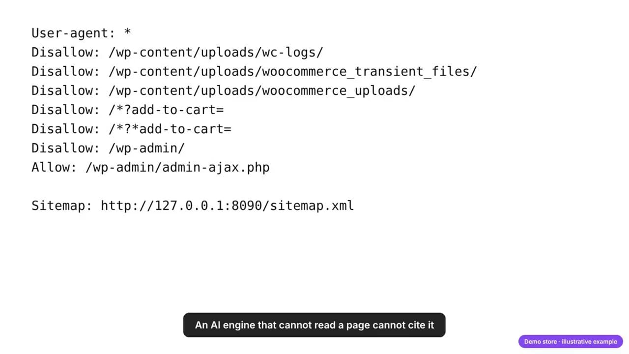 The demo store robots.txt before: the WooCommerce default rules and no rule for any AI bot