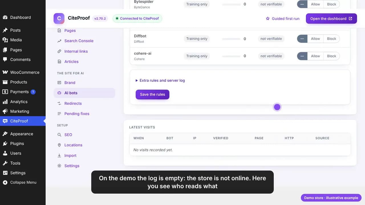 The verified visit log on the demo store: no visits recorded yet, because the demo is not on the public internet