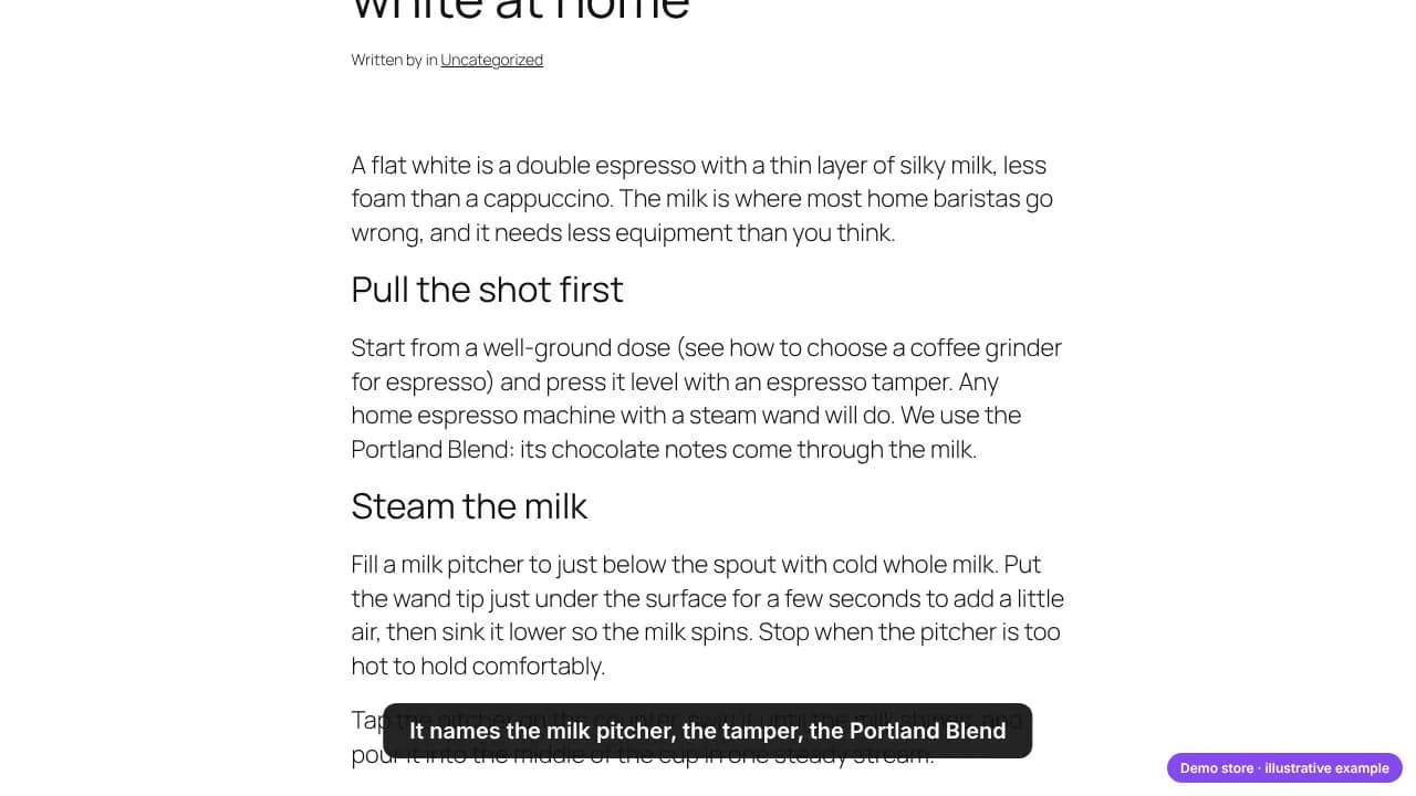 A guide on the demo store's blog that names the milk pitcher, the espresso tamper and the Portland Blend without linking any of them