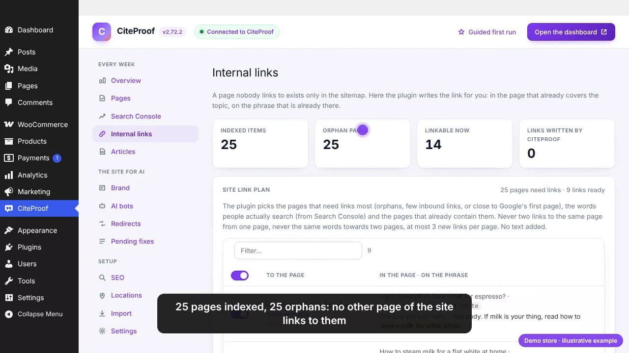 The Internal links tab on the demo store: 25 indexed items, 25 orphan pages, 14 linkable now, 0 links written