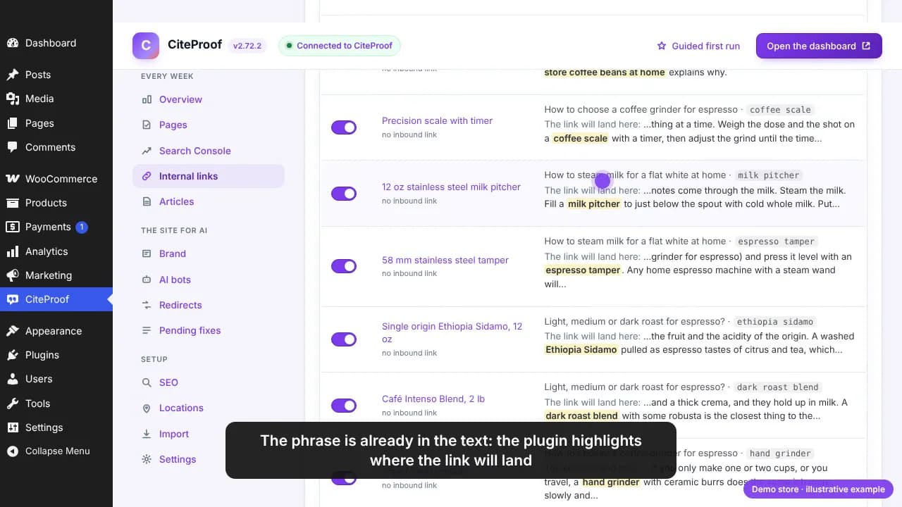 The site link plan: for each page that needs links, the page and the phrase where the link will land, highlighted in the sentence