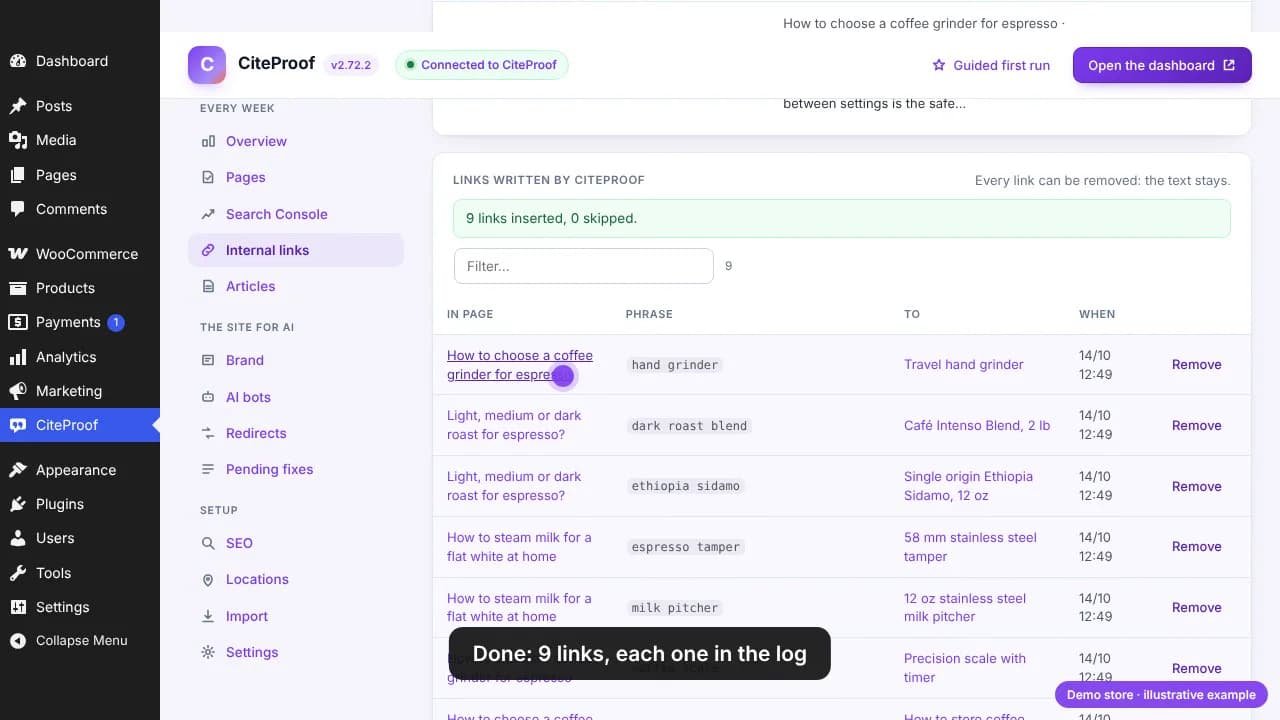 9 links inserted, 0 skipped: the log with the page, the phrase, the target and the time of each link, and a Remove button on every row