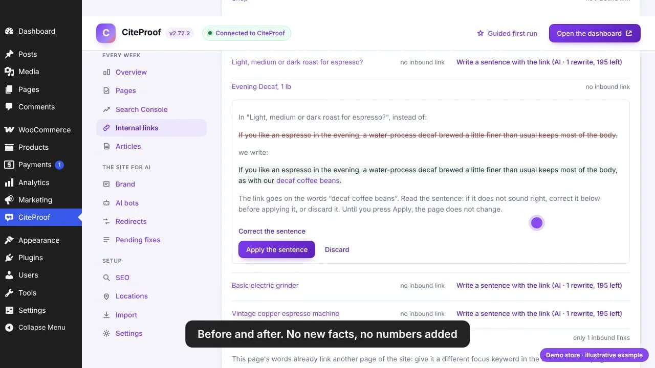 The AI sentence before and after: the original sentence crossed out, the same sentence with a short clause ending in the link 'decaf coffee beans', and the Apply and Correct buttons