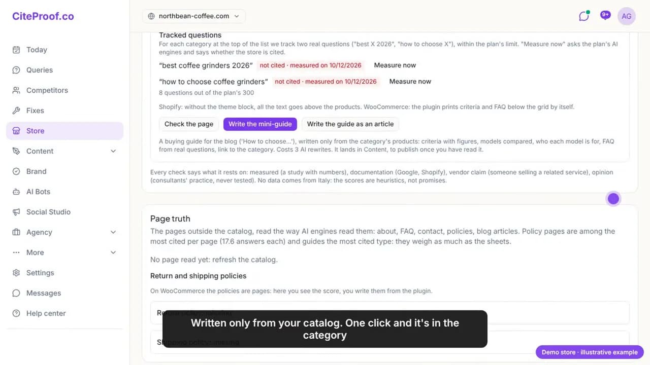 The collection detail: what is missing, the two tracked questions not cited, and the buttons to check the page, write the mini-guide or turn it into a blog article