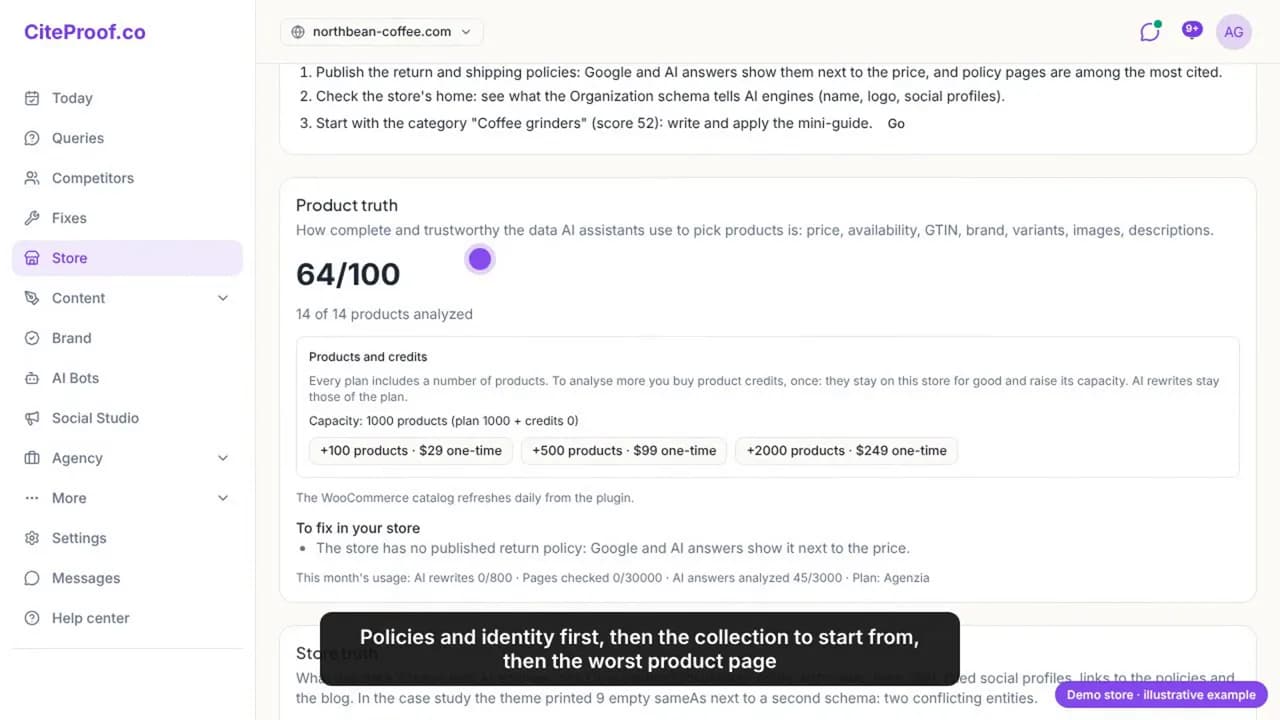 To do today: publish the return and shipping policies, check the Organization on the home page, start with the Coffee grinders collection; product truth 64 out of 100 across 14 products