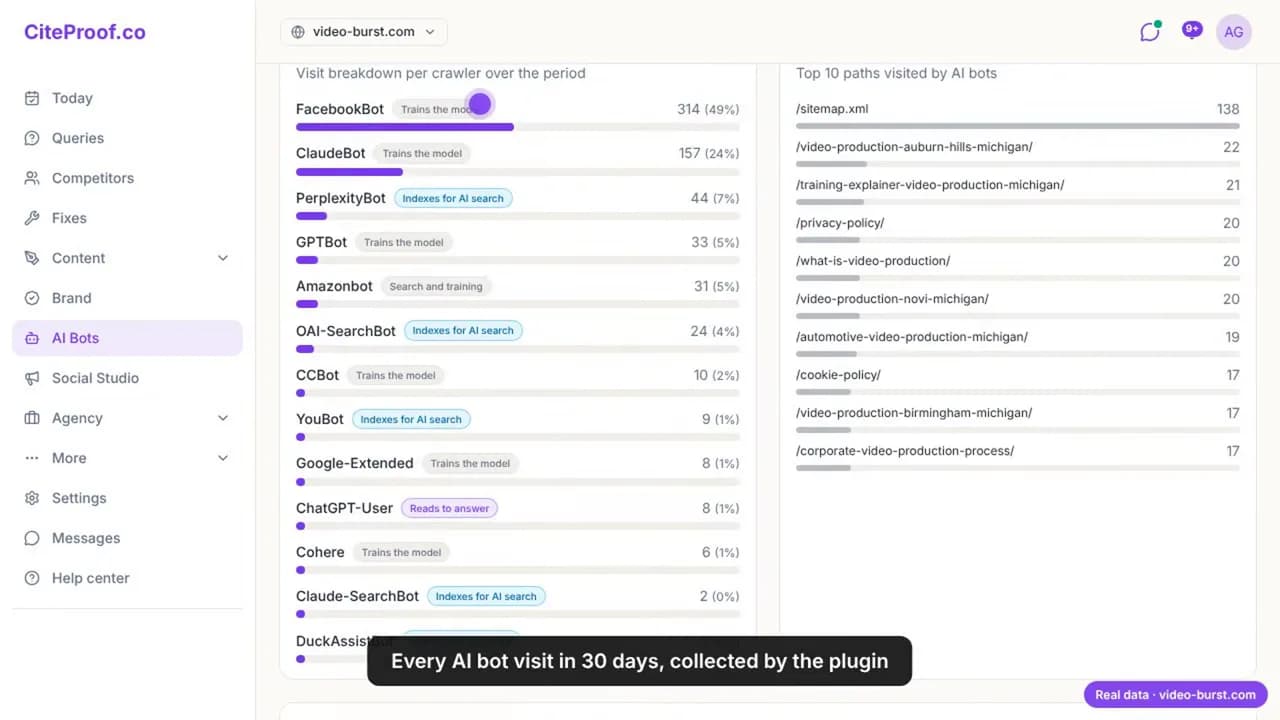 AI bot visits on video-burst.com in 30 days by crawler, FacebookBot first, and the top paths the bots read