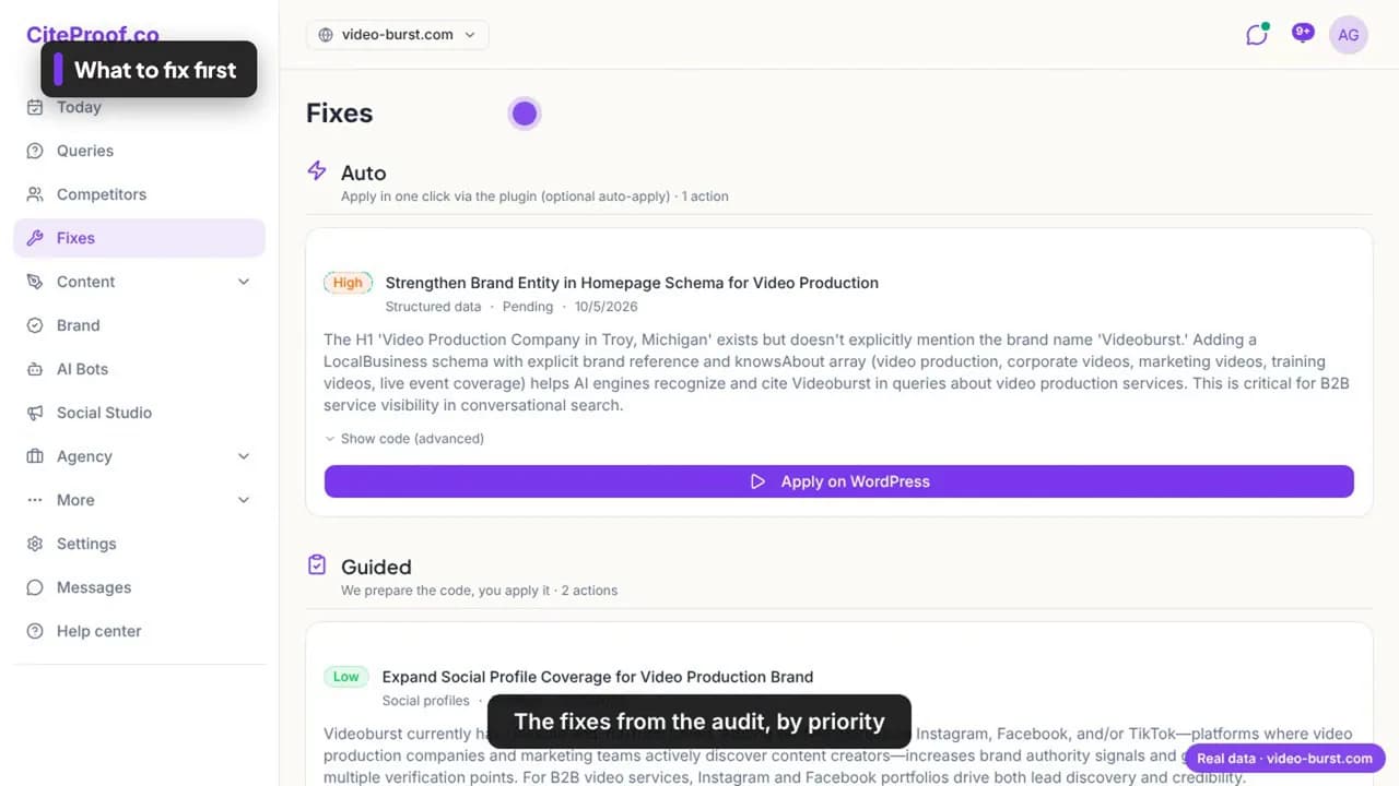 The fixes page for video-burst.com: high priority, strengthen the brand entity in the home page schema, with an Apply on WordPress button