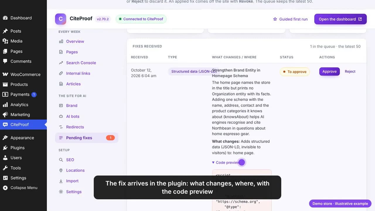 Pending fixes in the plugin on the demo store: what changes, where, the code preview, Approve and Reject