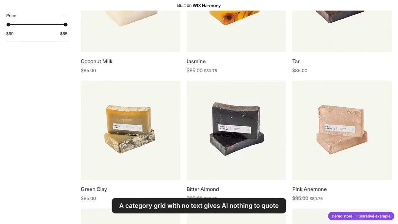 A Wix Stores category page on the demo store: a grid of soaps with names and prices and no text that helps choose
