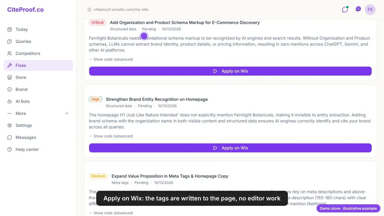 The fixes page for the Wix store: a critical Organization and Product schema fix, a high-priority brand entity fix and a medium meta tags fix, each with an Apply on Wix button