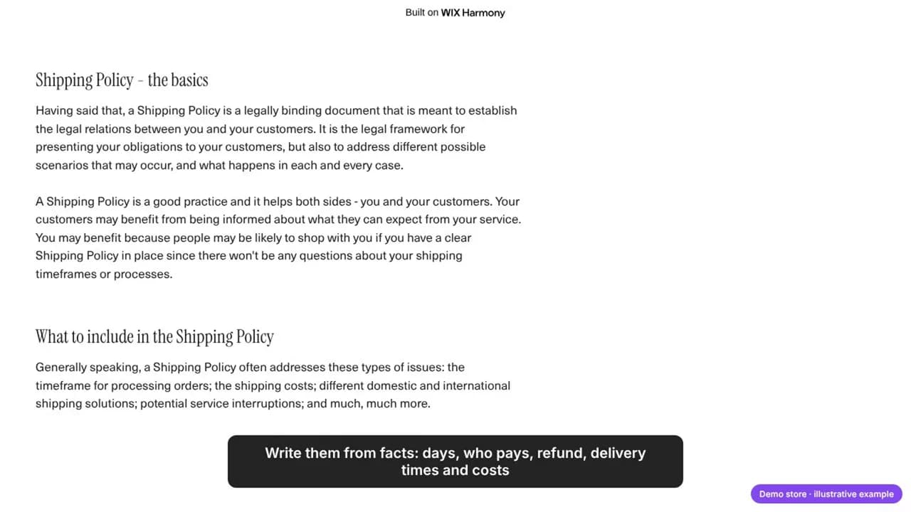 The Wix shipping policy page of the demo store still showing the template's generic text about what a shipping policy is