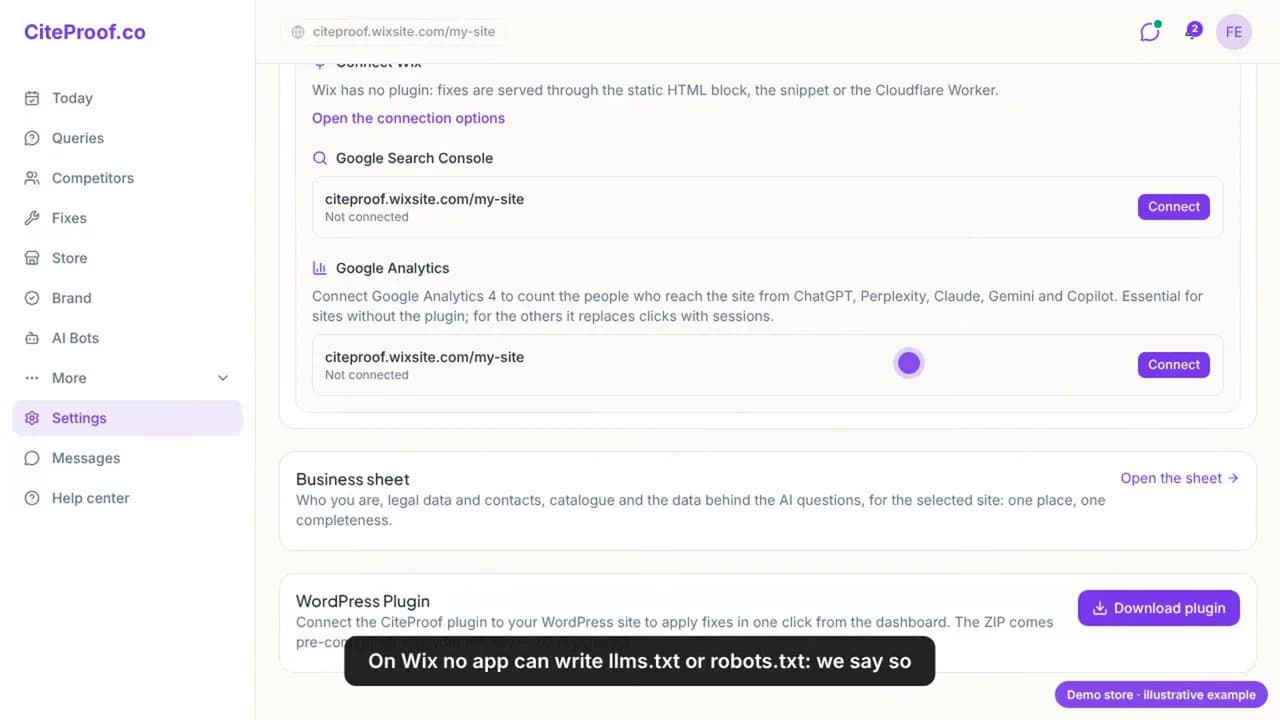 CiteProof settings for the Wix site: the platform is Wix, the Wix app is connected, with a note that on Wix no app can write llms.txt or robots.txt