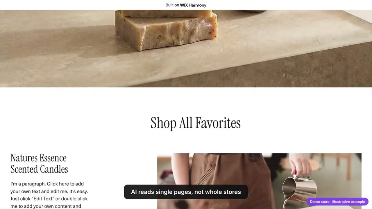 The Fernlight Botanicals Wix home page with the template's placeholder paragraph still under 'Natures Essence Scented Candles'
