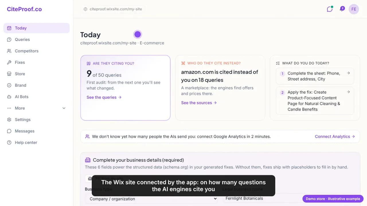 The Today page for the Wix store: cited on 9 of 50 queries, amazon.com cited instead on 18 queries, and the first things to do