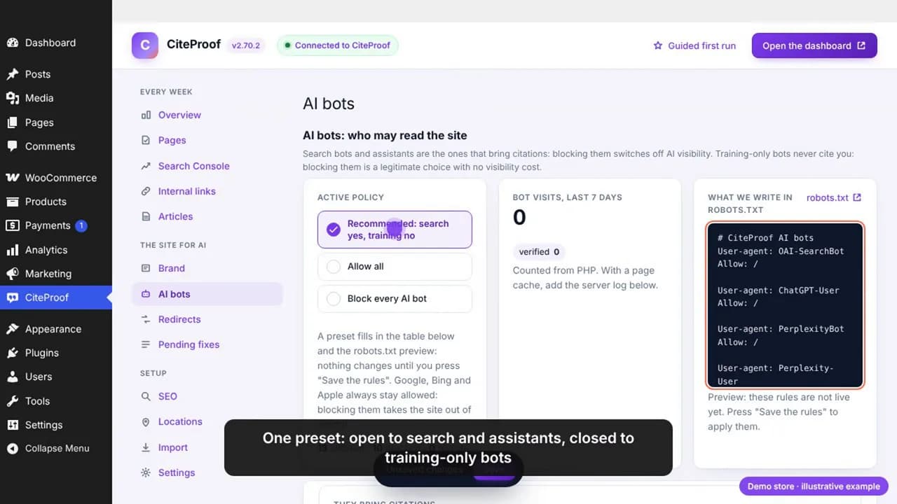 The AI bots screen: the Recommended preset selected, 13 bots allowed and 10 blocked, and the robots.txt preview before saving