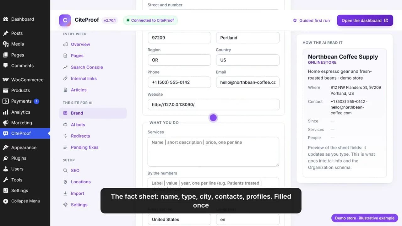 The plugin Brand screen: the fact sheet with address, phone, email and website, and how the AI read it, Northbean Coffee Supply as an OnlineStore in Portland