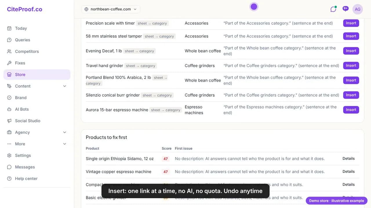 Internal links: product pages that name their category without linking it, each with the sentence and an Insert button