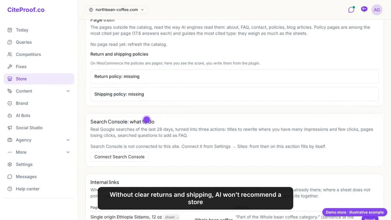 Page truth on WooCommerce: return policy missing and shipping policy missing; on WooCommerce the policies are pages