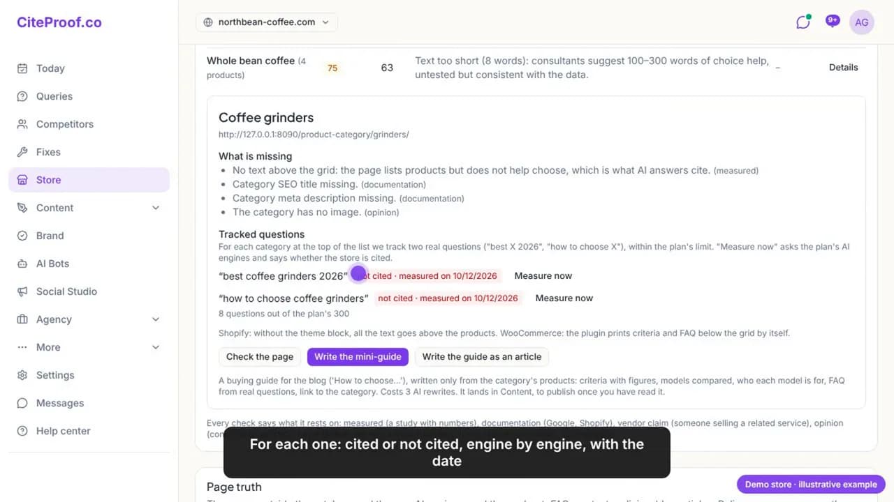 Tracked questions for the Coffee grinders category: both not cited, measured on 10/12/2026, each with a Measure now button