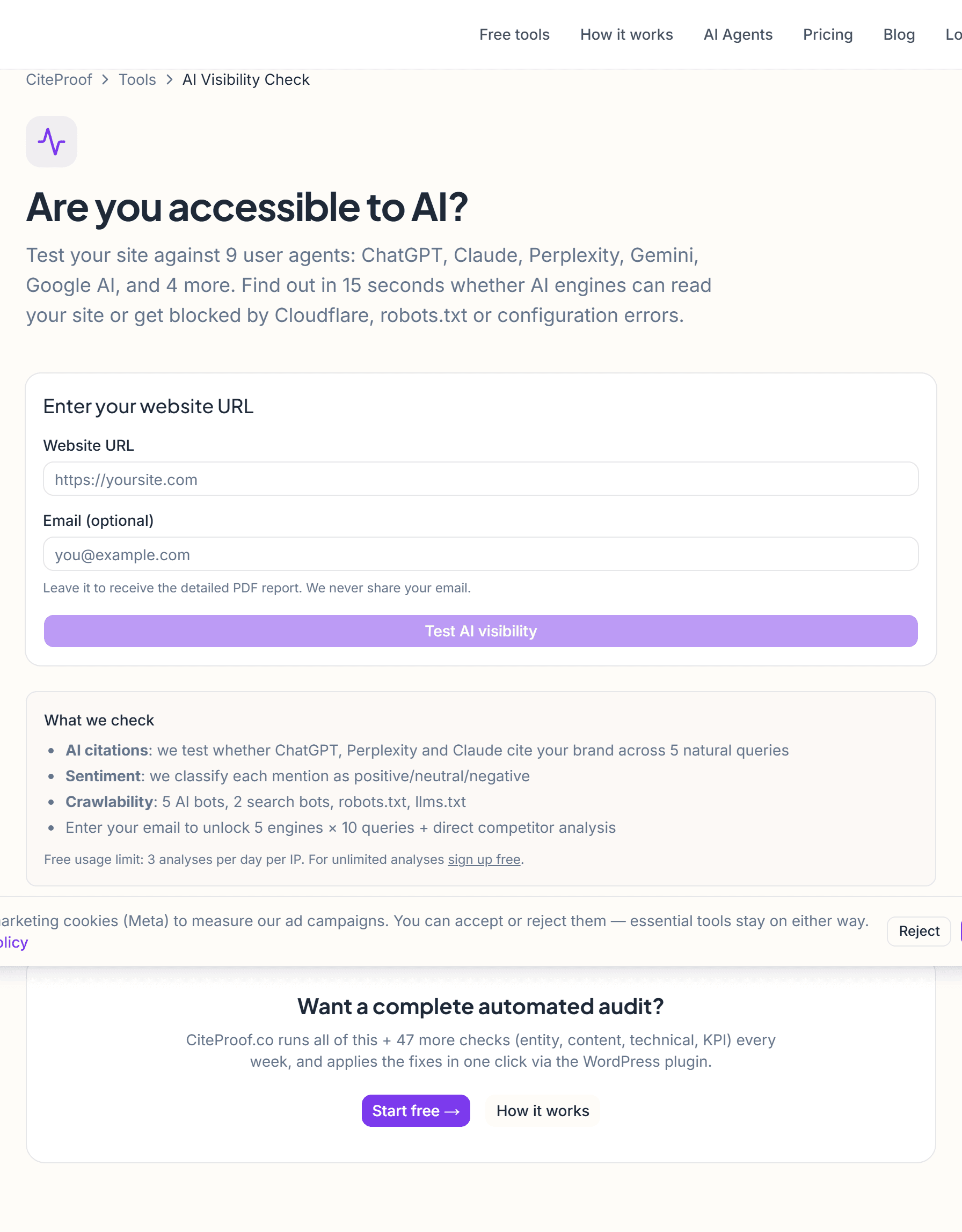 The AI Visibility Check tool
