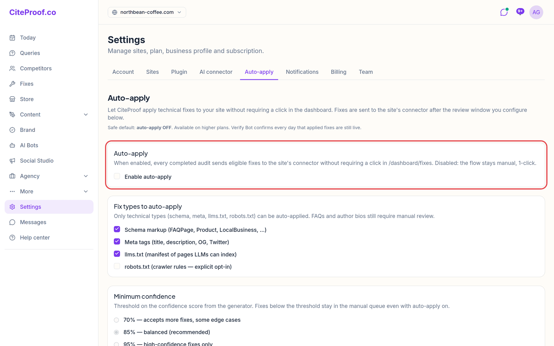 Settings → Auto-apply: the main switch, the fix types and the minimum confidence