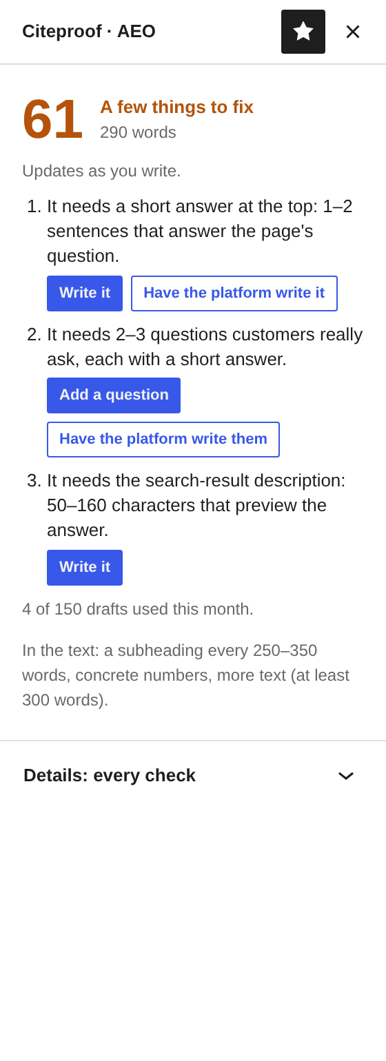 The Citeproof · AEO sidebar panel in the block editor