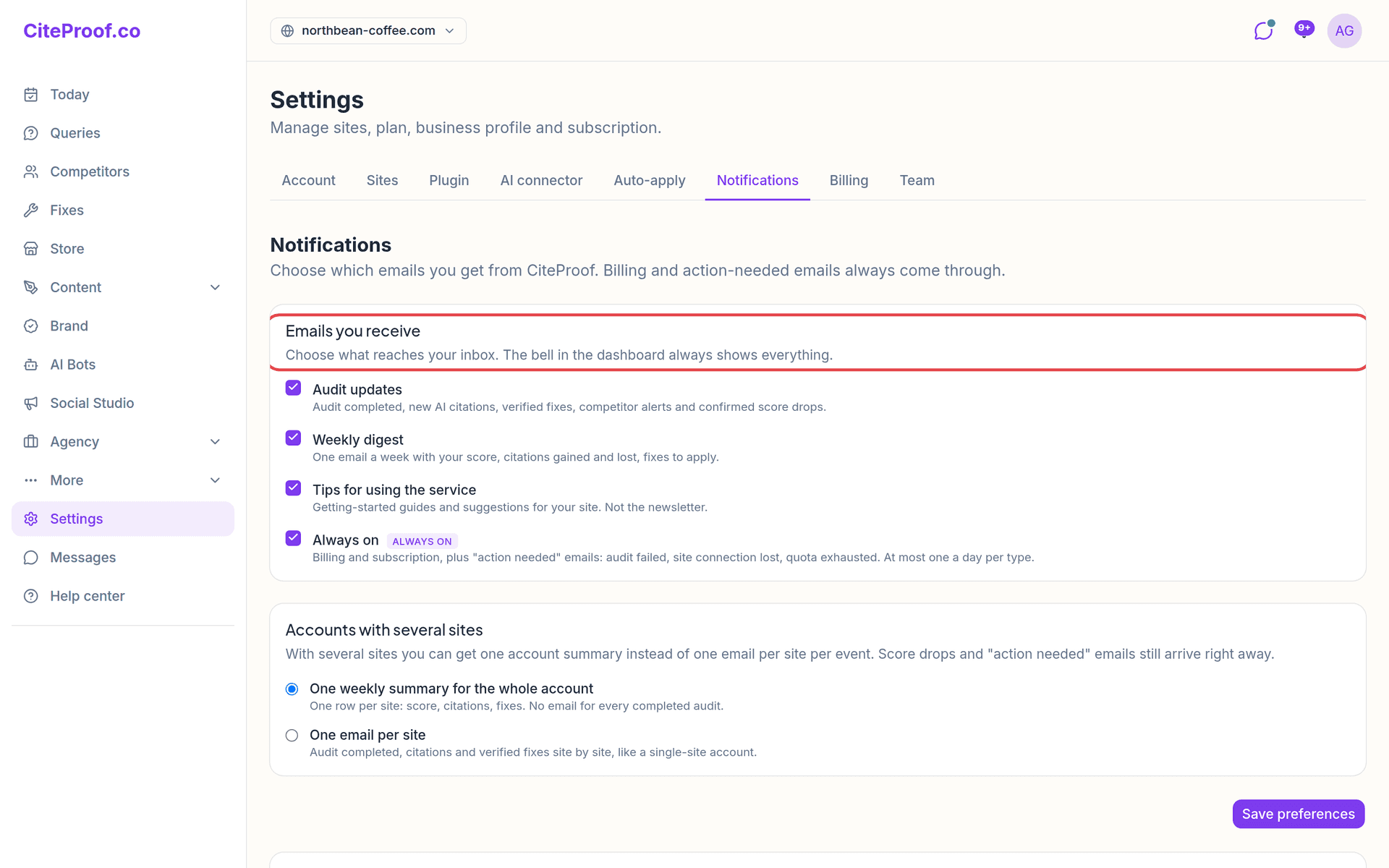 Settings → Notifications: the emails you receive and the choice for accounts with several sites