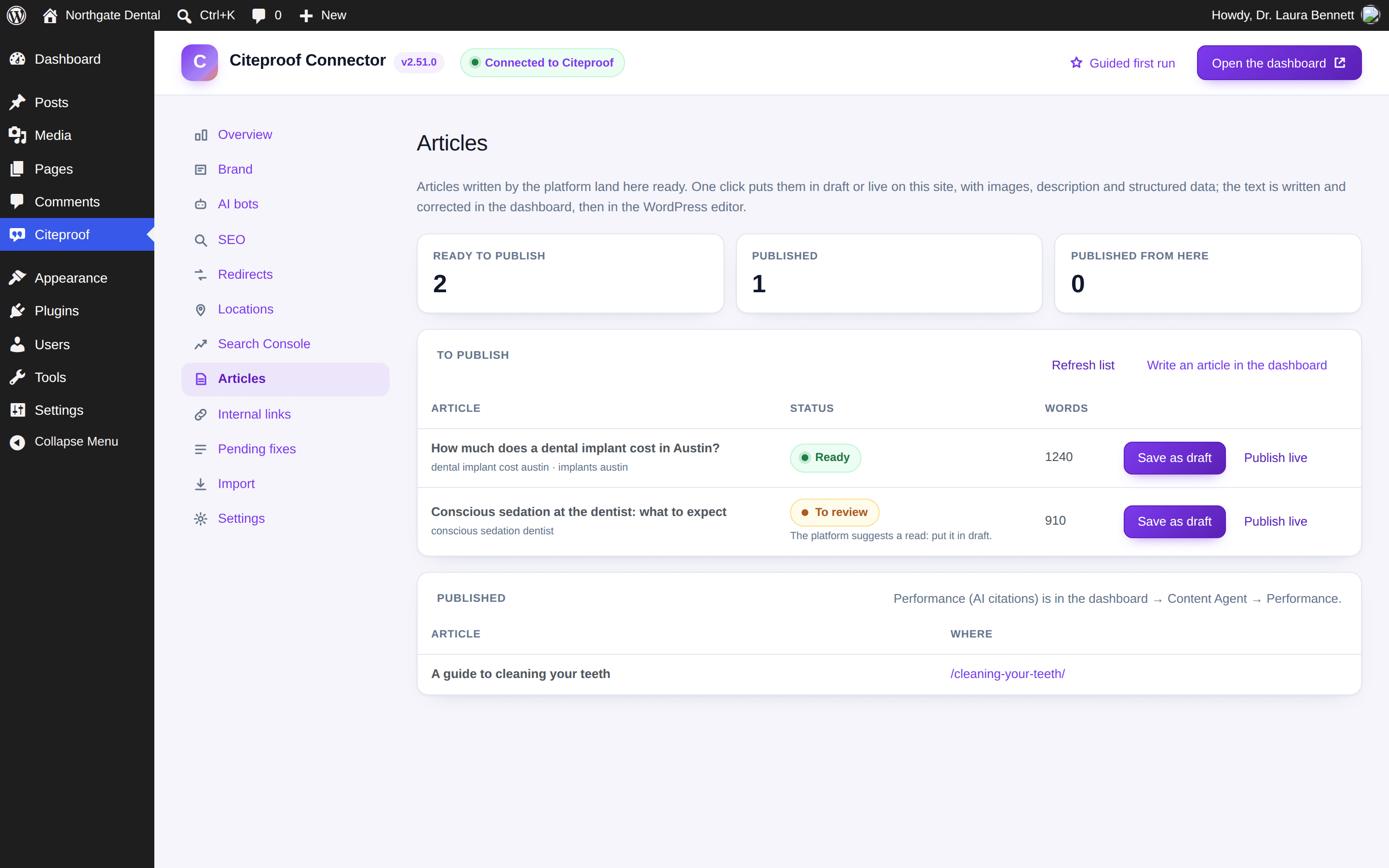 The plugin's Articles tab: ready articles with the Save as draft and Publish live buttons