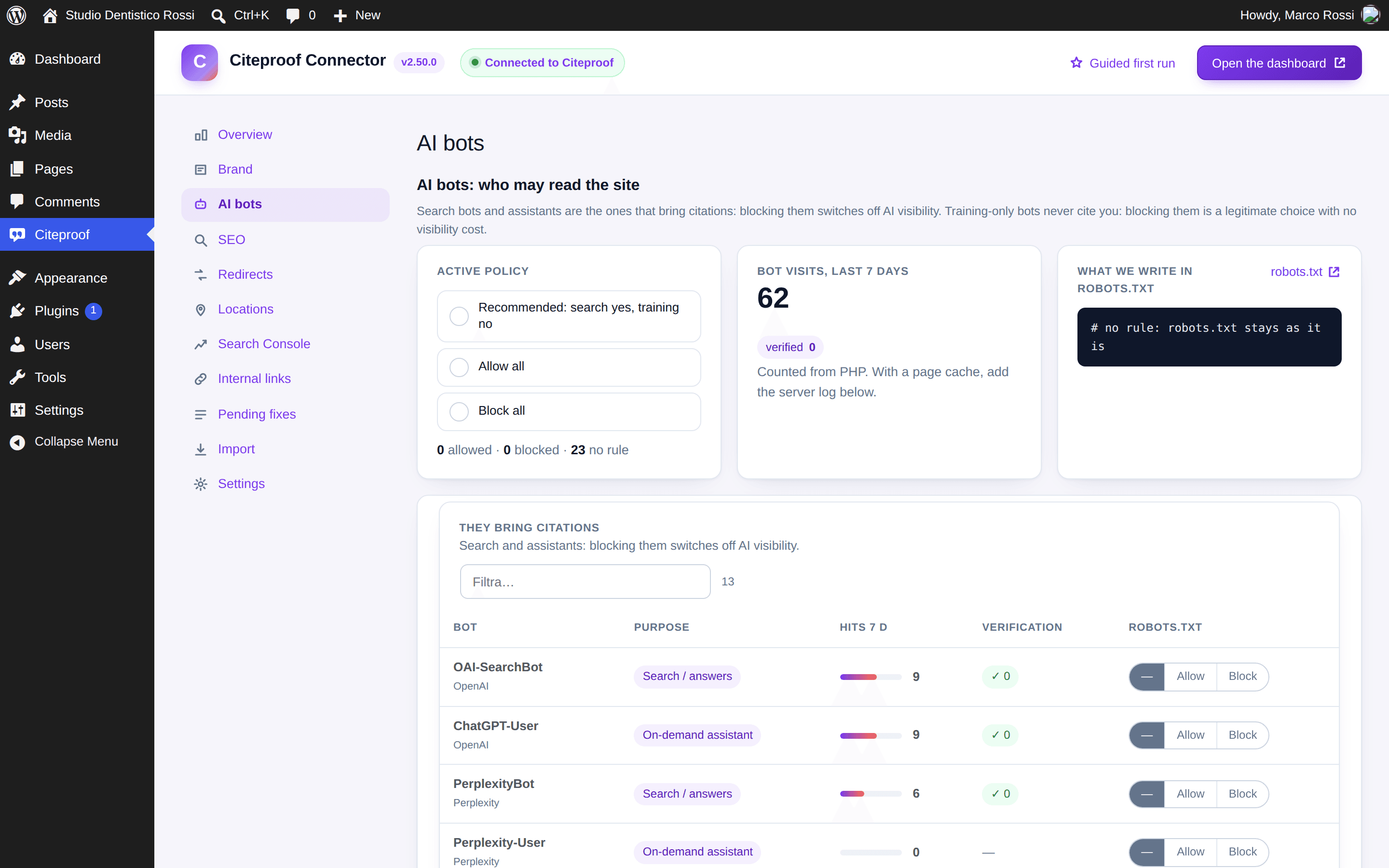 The plugin's AI bots tab: policy, visits, robots.txt and the per-bot table