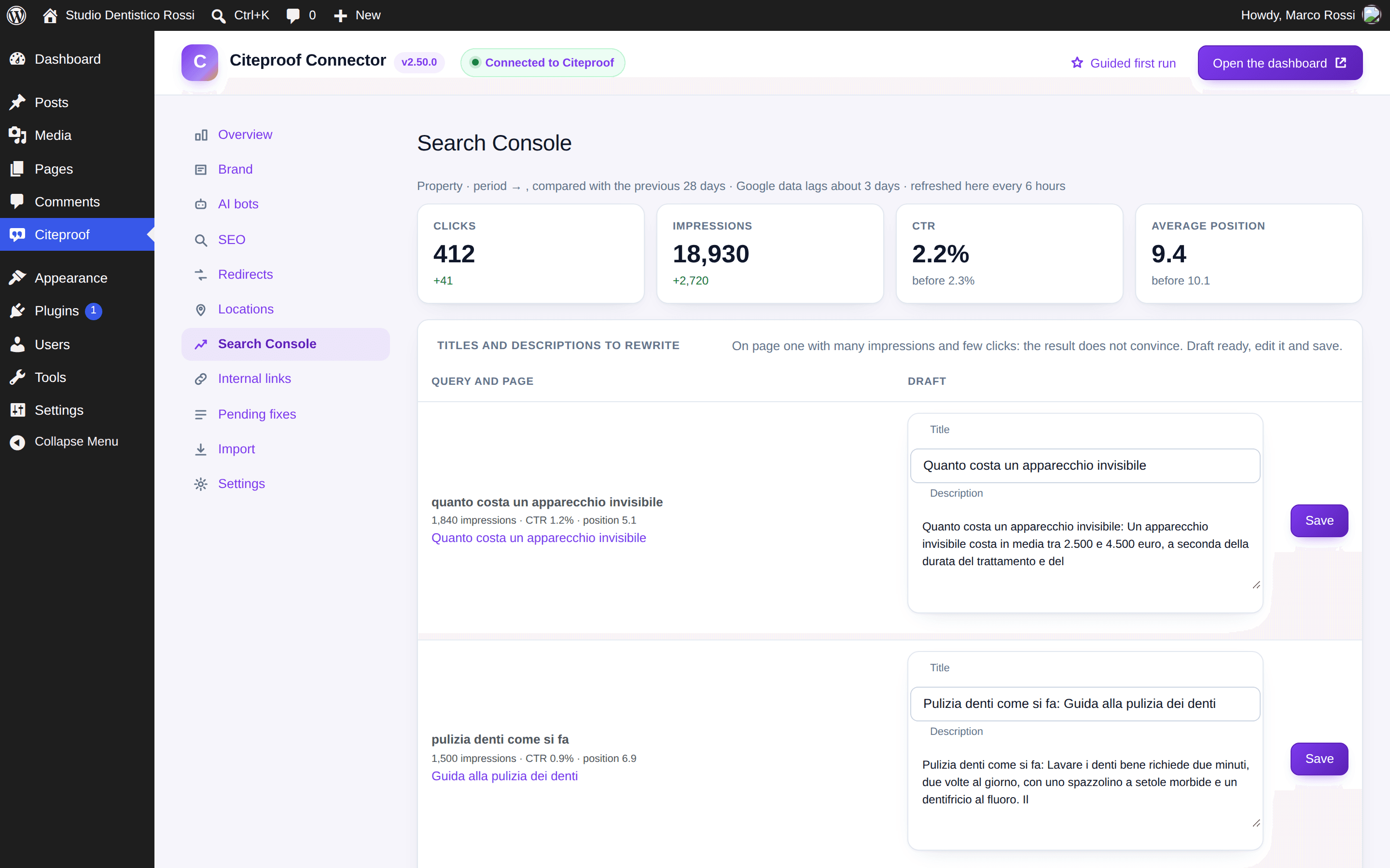 The plugin's Search Console tab: 28-day KPIs and titles and descriptions to rewrite