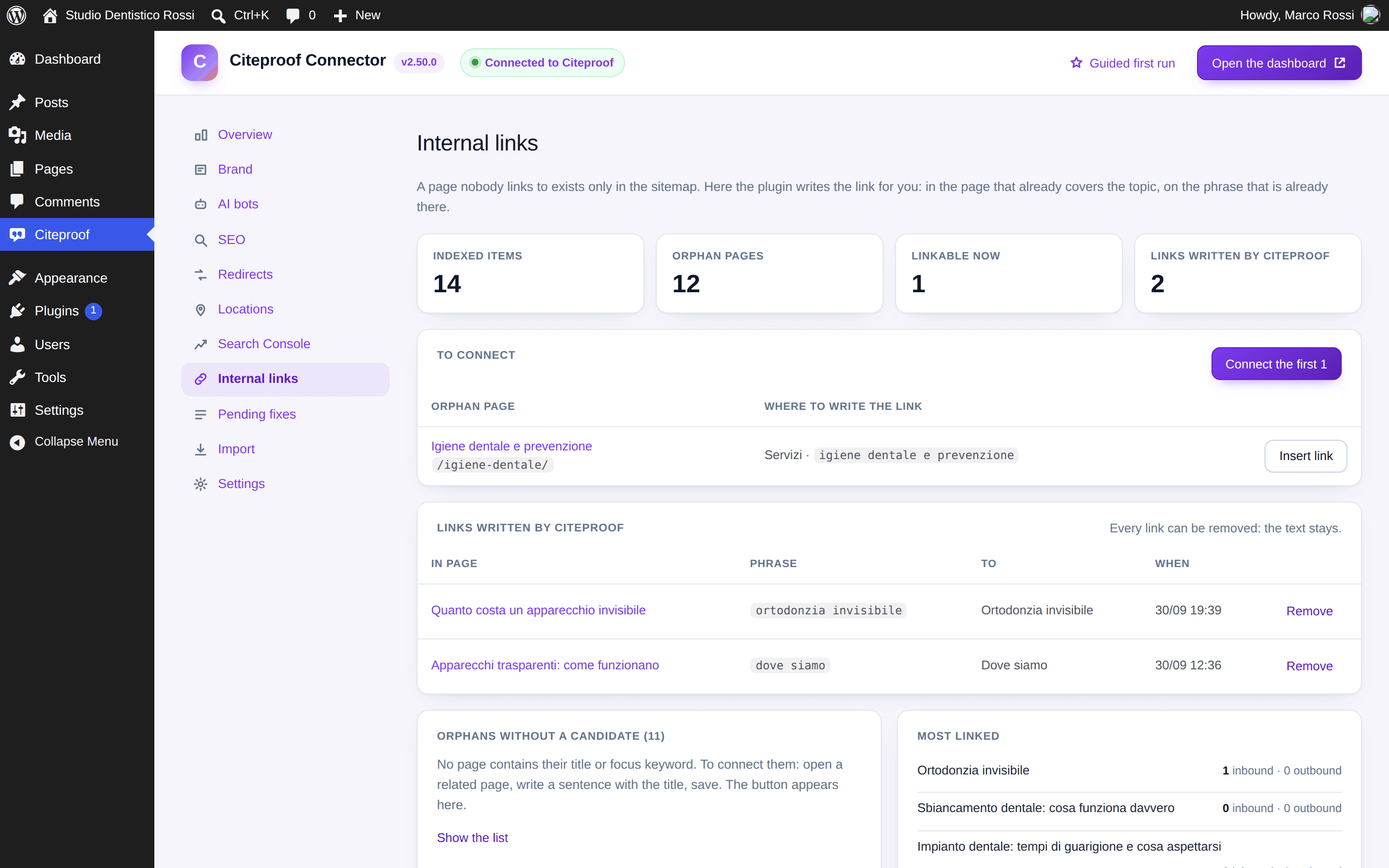 The plugin's Internal links tab: orphan pages to connect and the log of inserted links