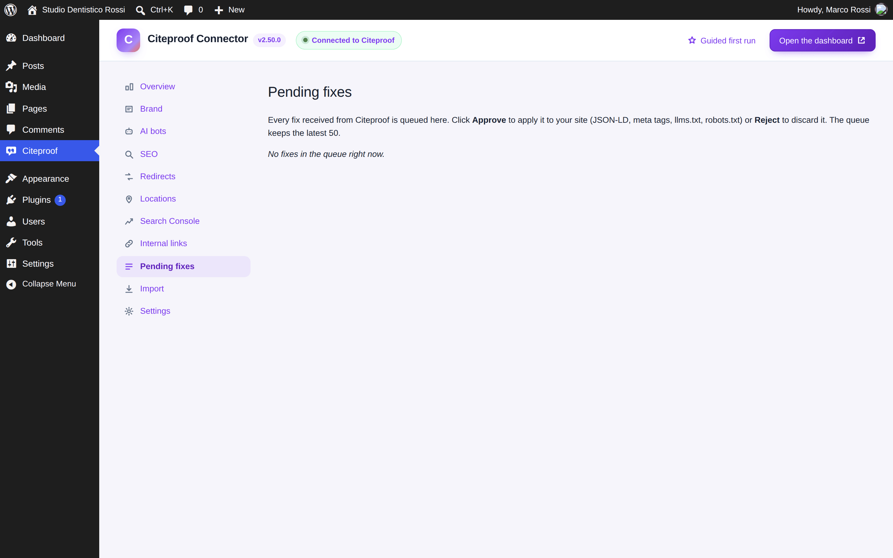 The plugin's Pending fixes tab: fixes from the dashboard waiting for approval