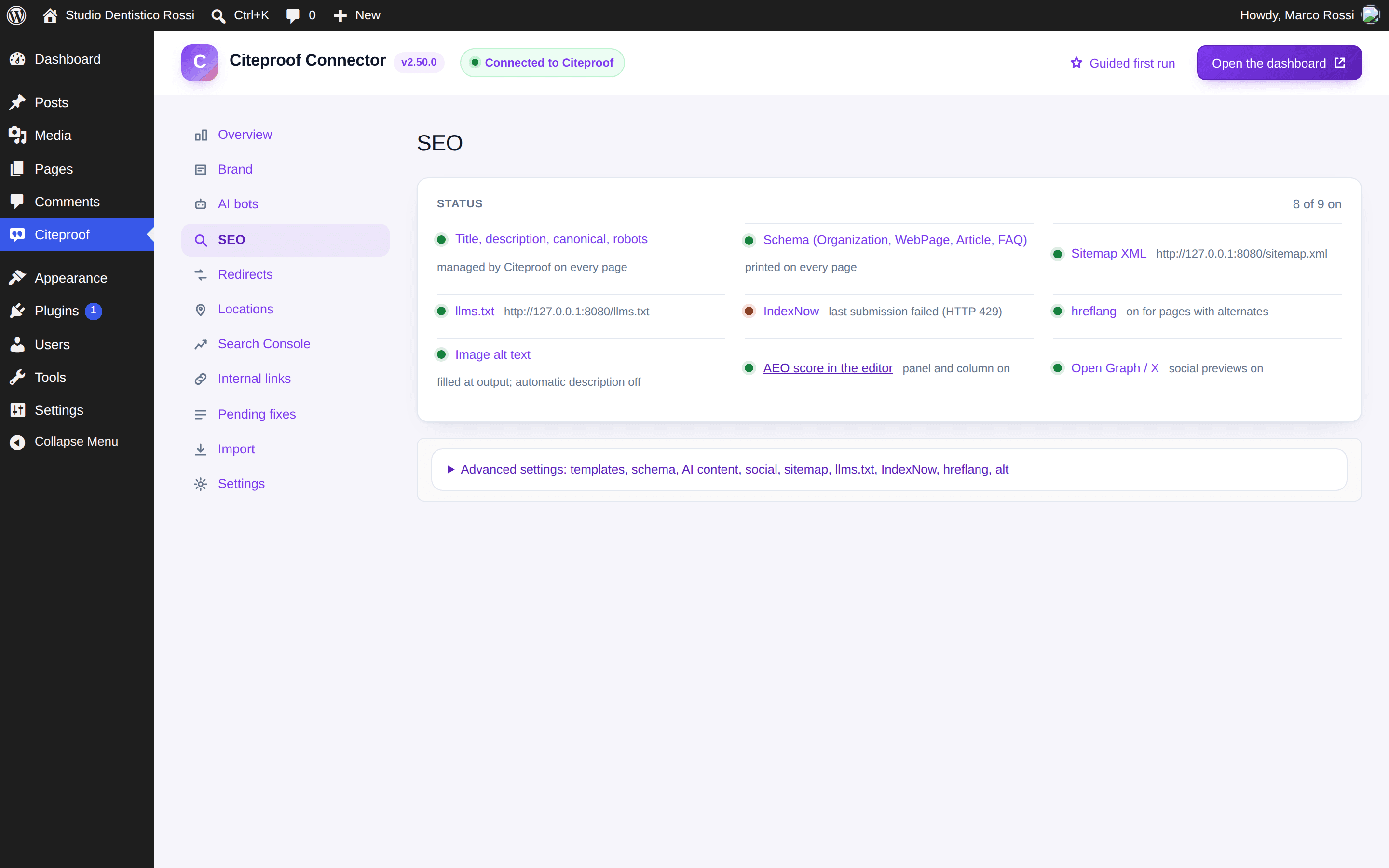 The plugin's SEO tab: module status and folded advanced settings