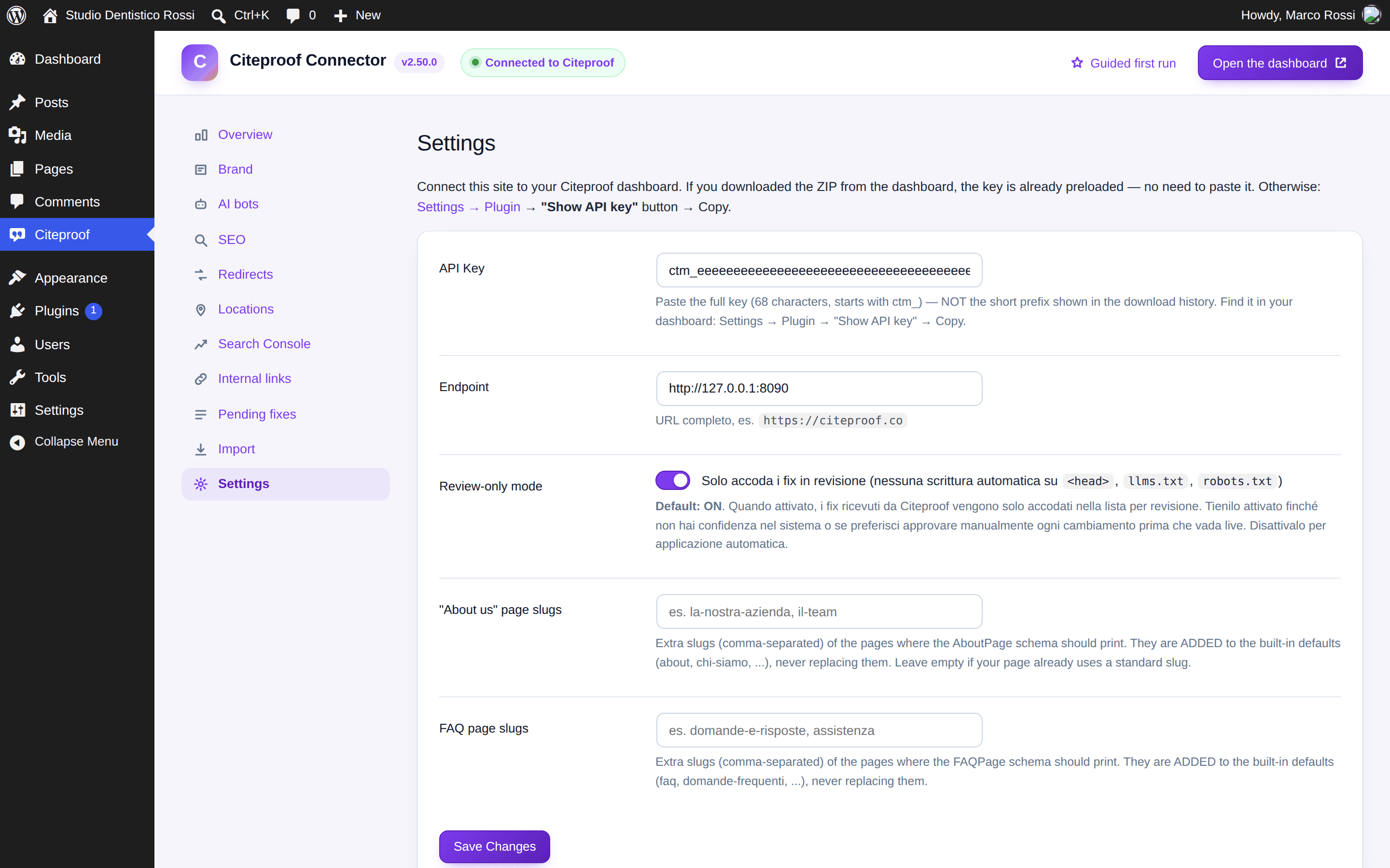 Citeproof → Settings in the plugin: API key, endpoint, review-only mode