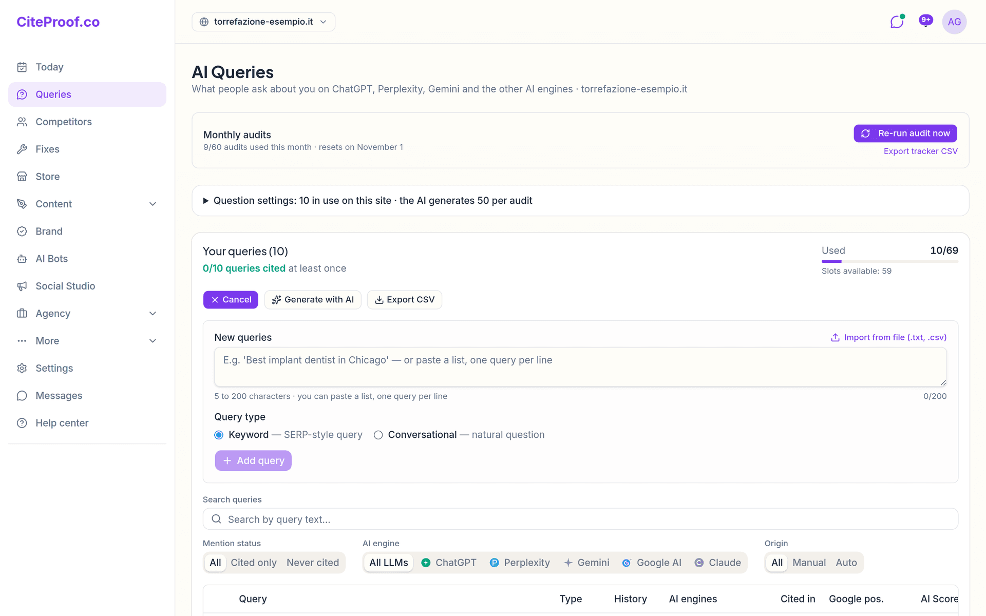 The Queries page: monthly audits, the list of tracked questions and the filters