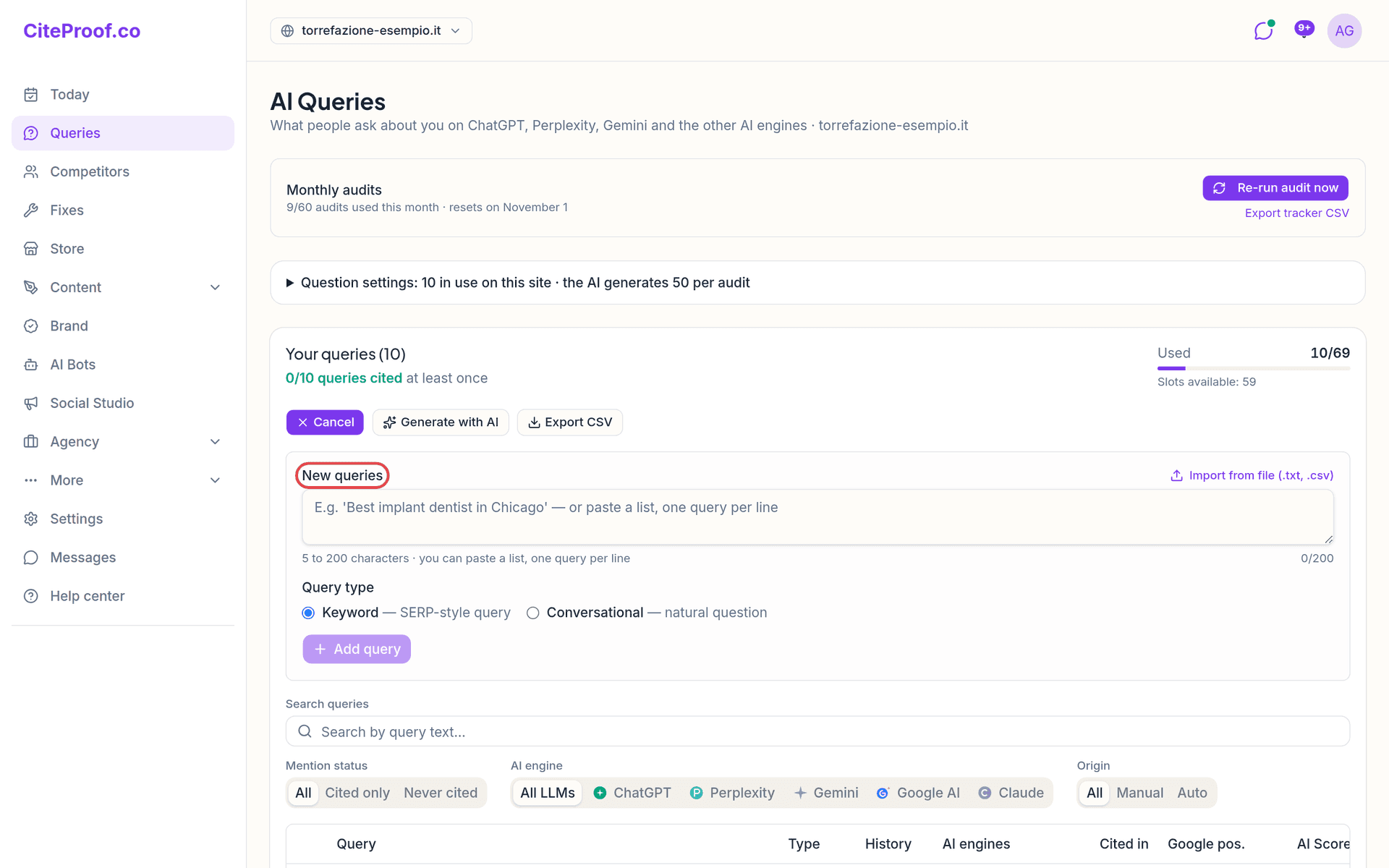 The New queries form on the Queries page