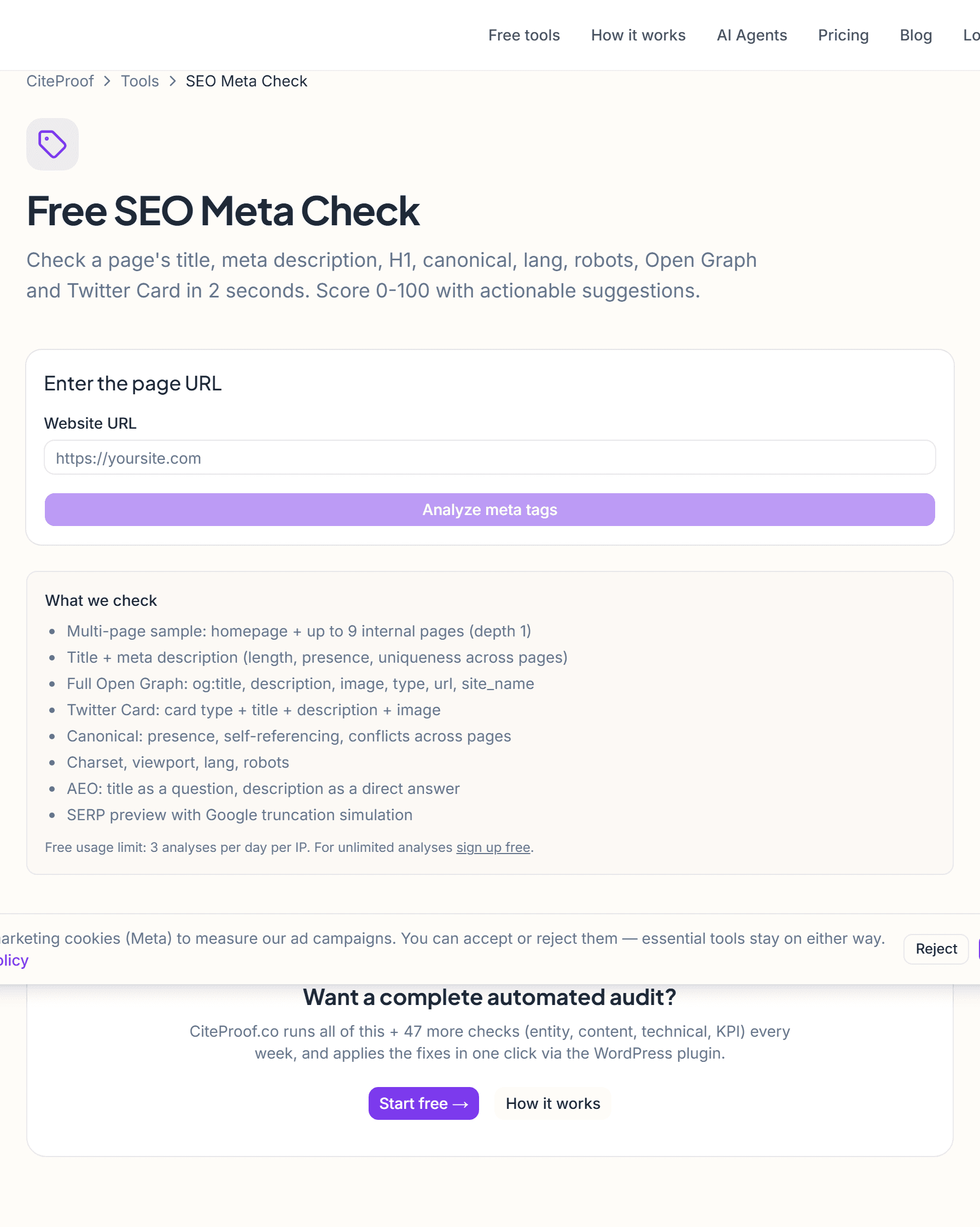 The SEO Meta Check tool