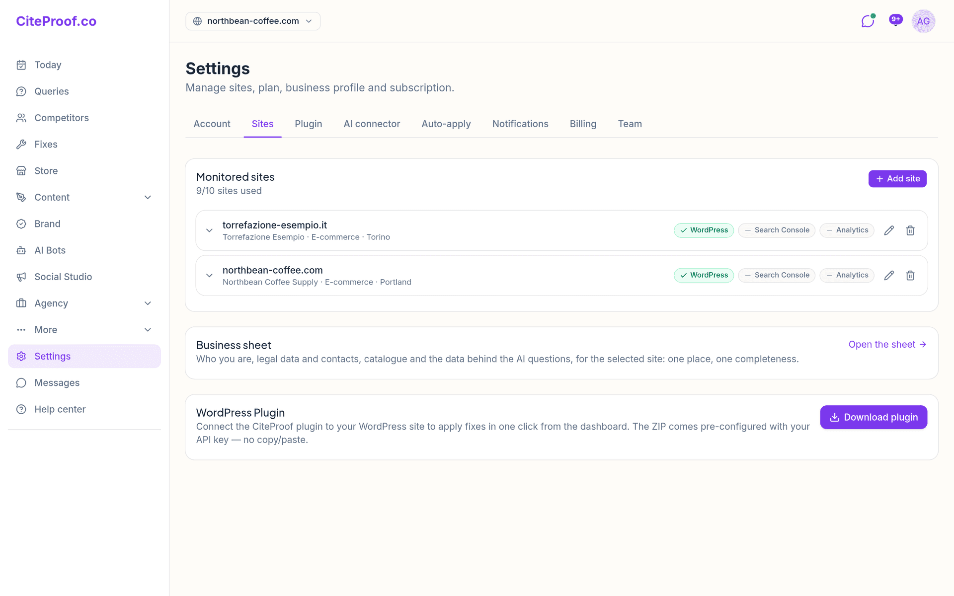 Settings → Sites: each site shows its WordPress, Search Console and Analytics chips