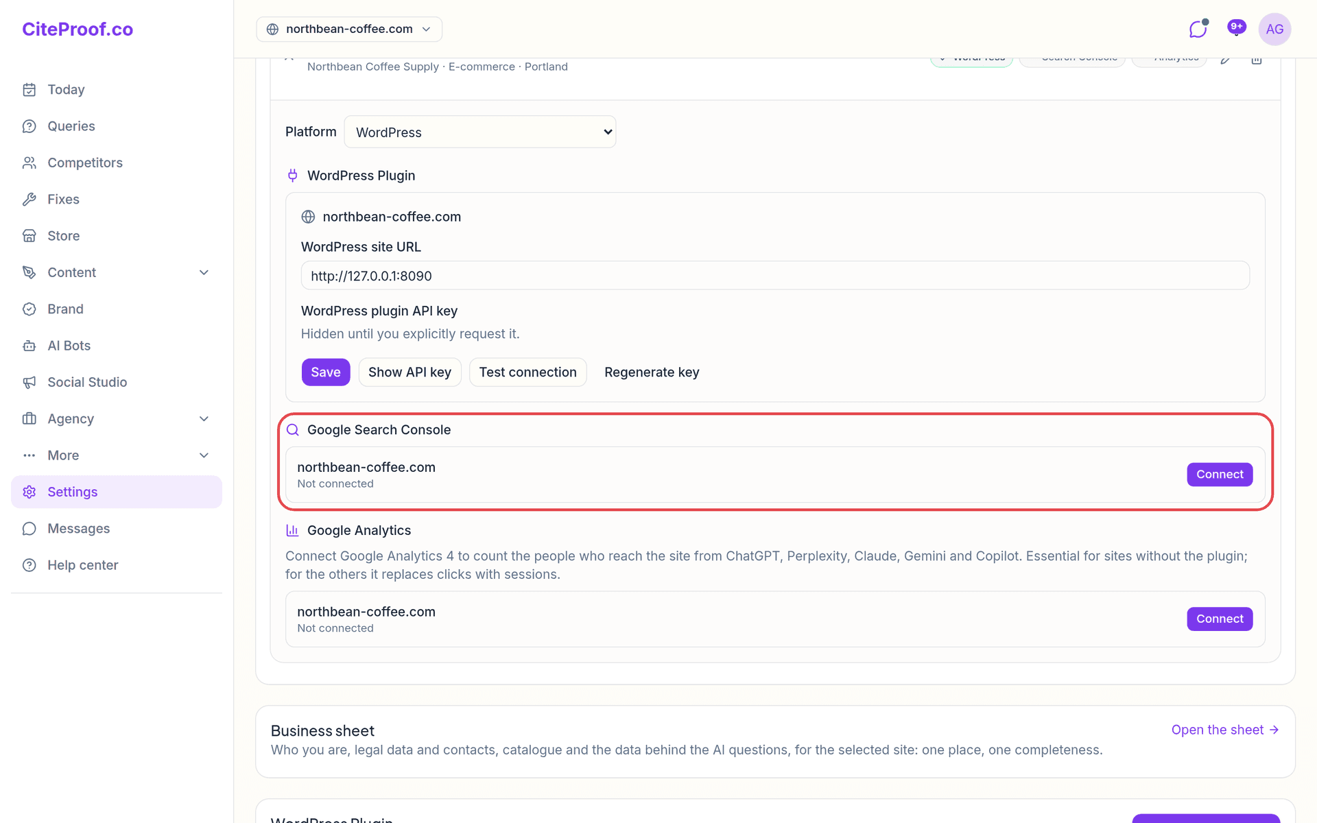 The open site row with the Google Search Console section and its Connect button