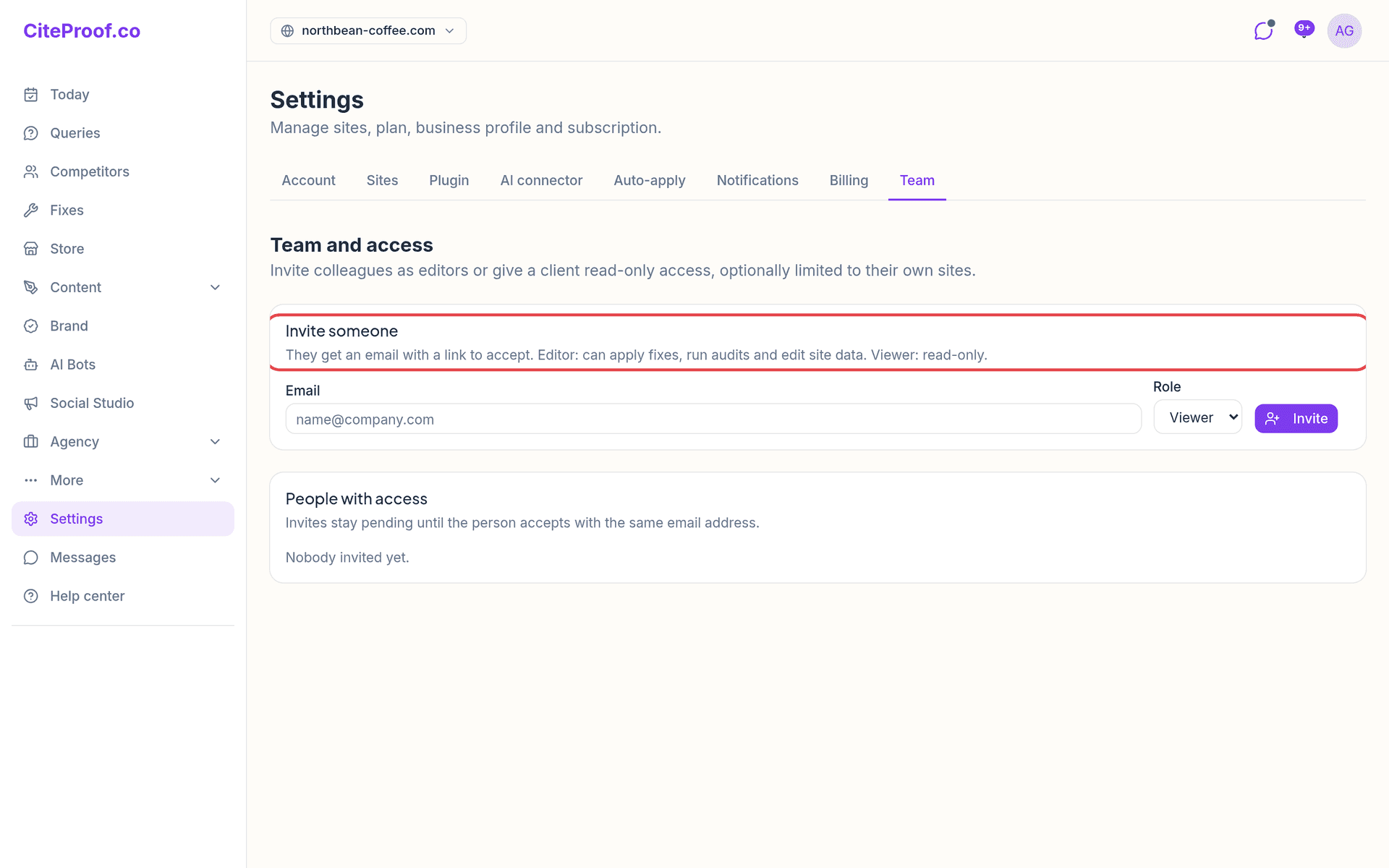 Settings → Team: invite someone by email with a role, and the list of people with access