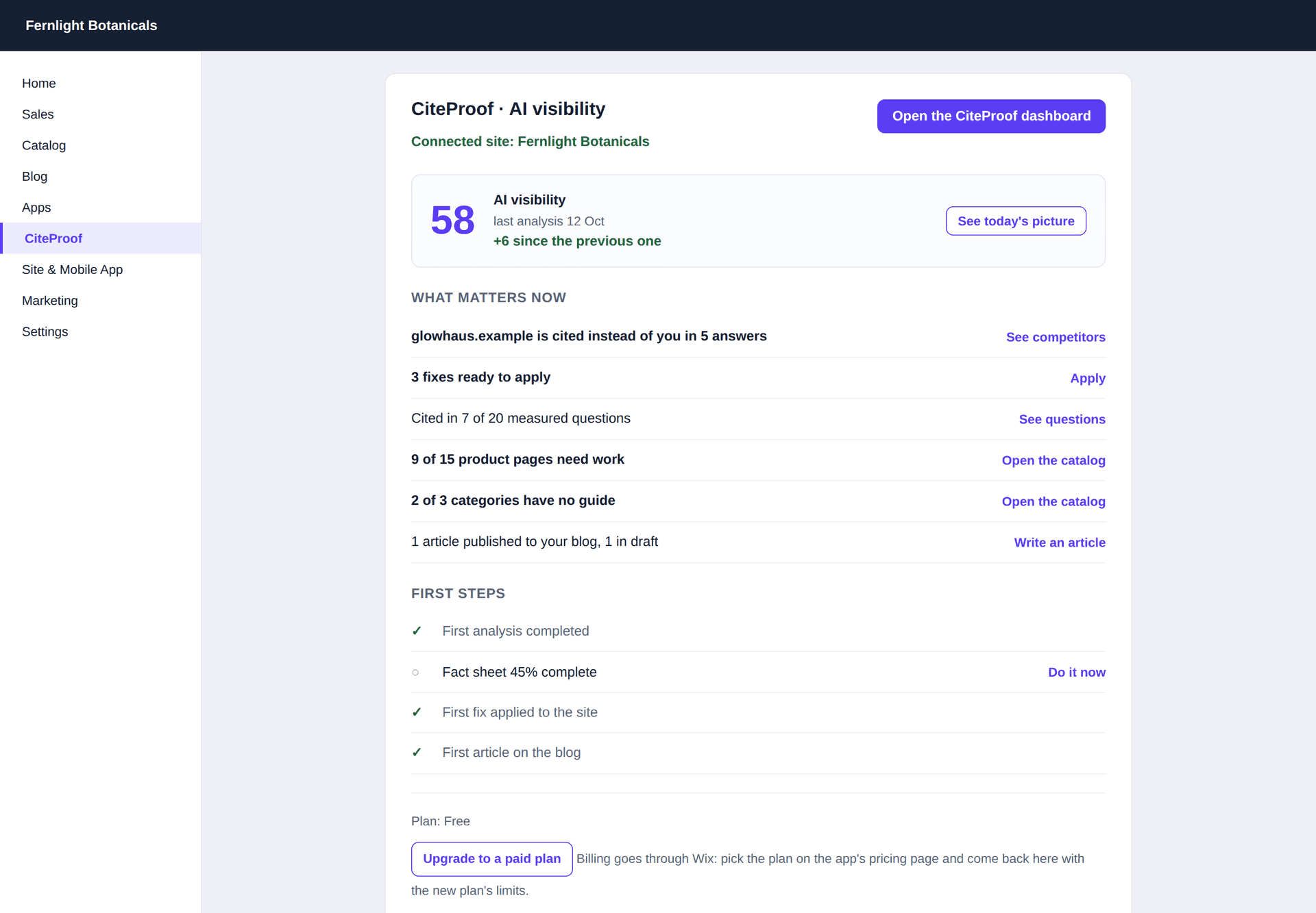 The CiteProof page inside the Wix dashboard