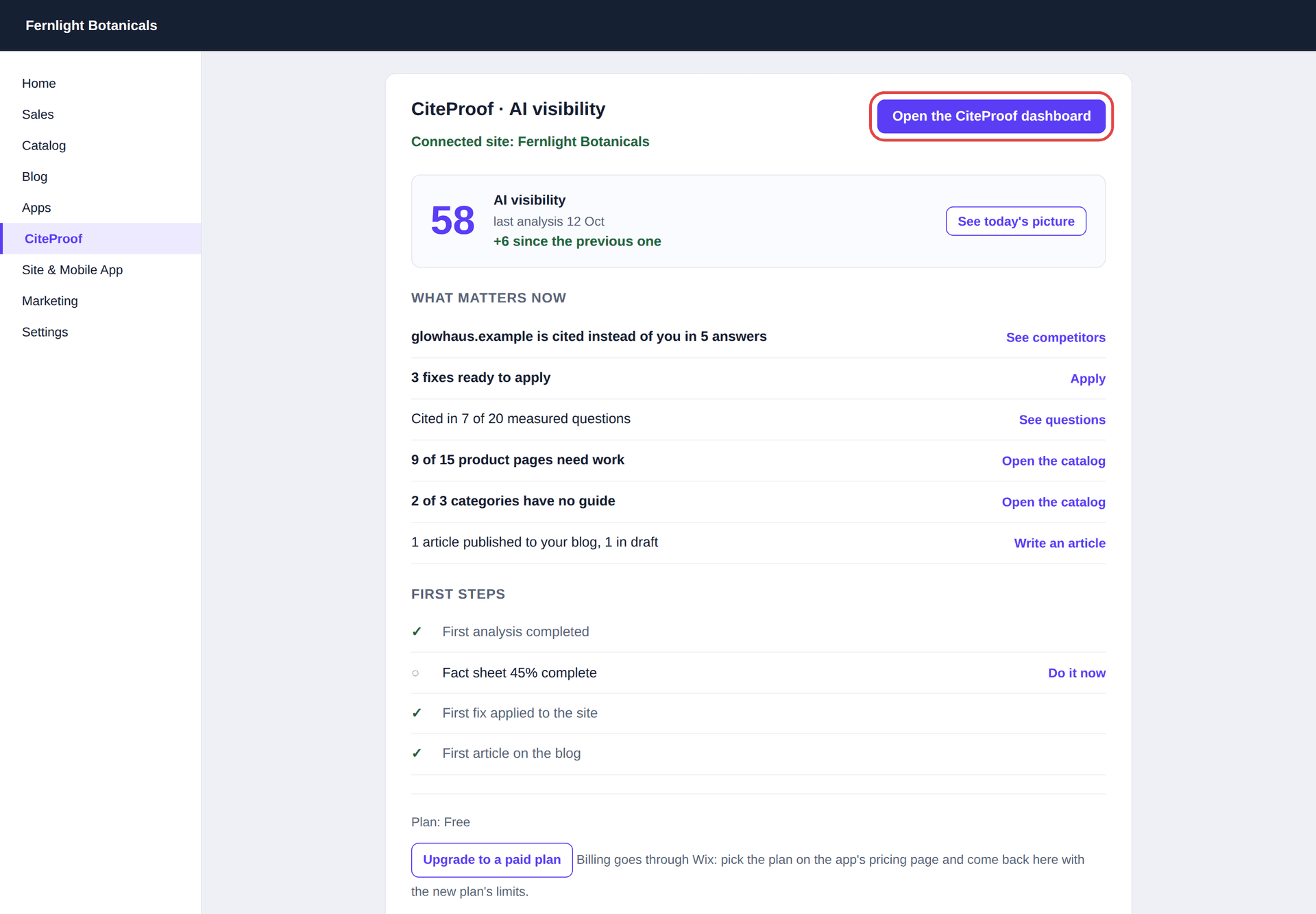 The Open the CiteProof dashboard button